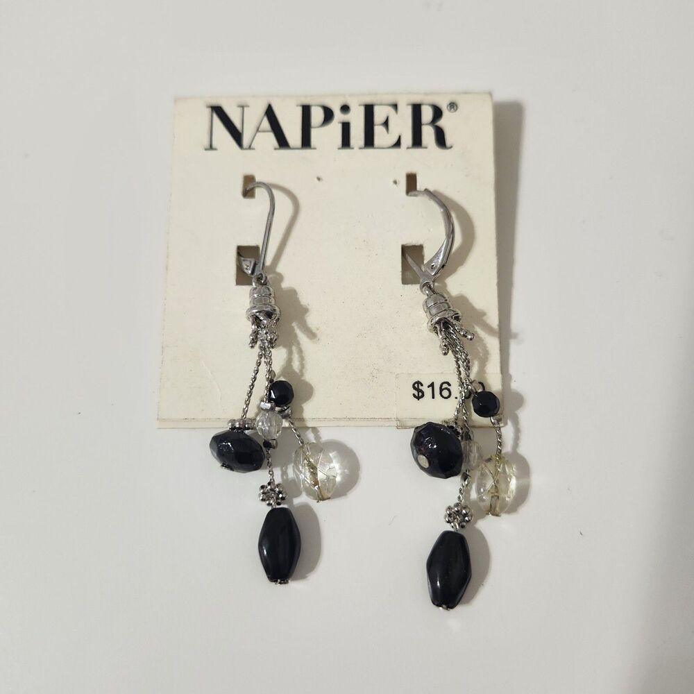 Napier Fiesta Drop Dangle Black Transparent Silver Tone Beaded Earrings